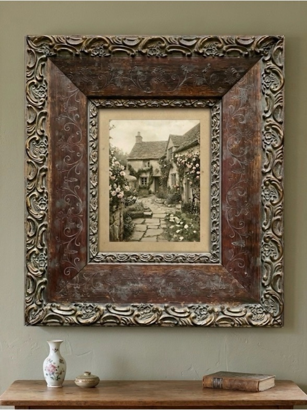 Vintage Ornate Wood Picture Frame - Brown and Gold 18x16. Very heavy.